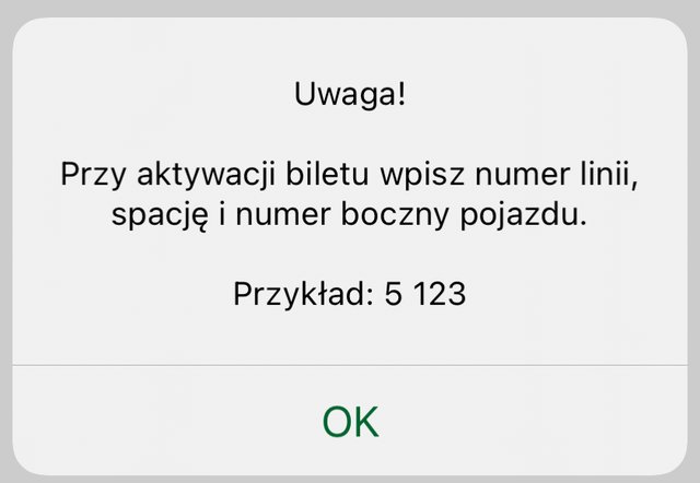 Komunikat w aplikacji GoPay przy wyborze biletu w Ełku: Przy aktywacji biletu wpisz numer linii, spację i numer boczny pojazdu. Przykład: 5 123