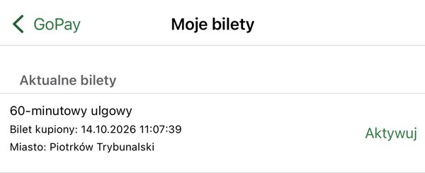 Lista Moje bilety w aplikacji GoPay z biletem 60-minutowym z Piotrkowa Trybunalskiego i przyciskiem Aktywuj