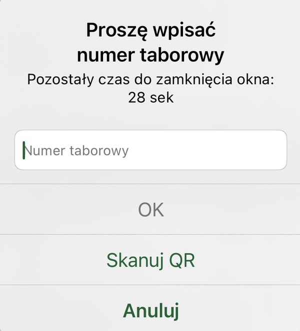 Okno aktywacji z polem Numer taborowy i przyciskami OK, Skanuj QR i Anuluj