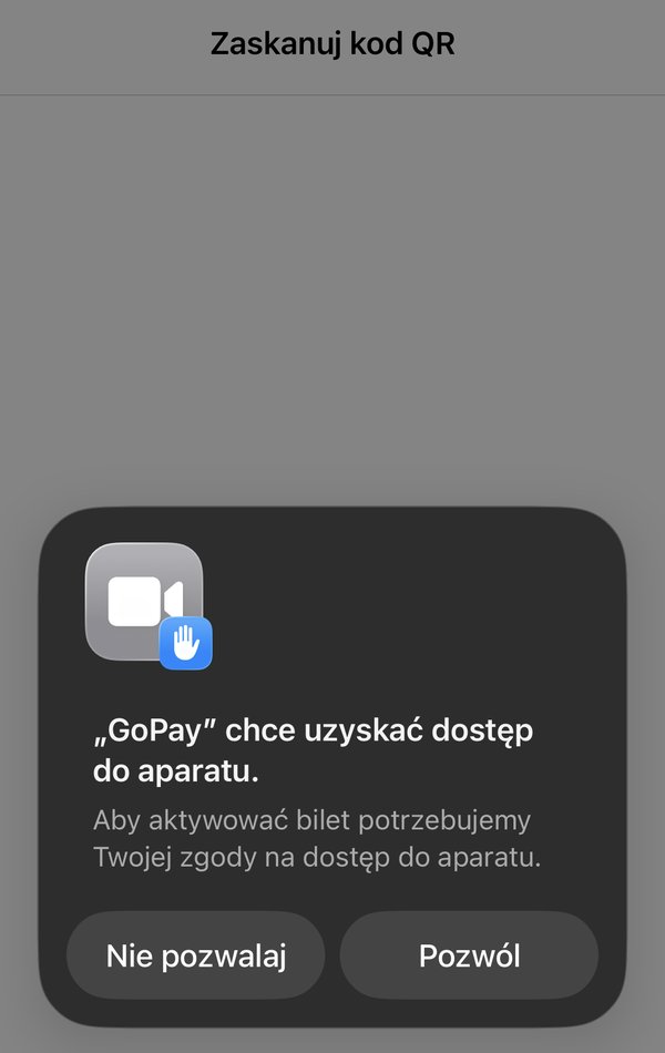 Pytanie telefonu o dostęp aplikacji GoPay do aparatu z przyciskami Nie pozwalaj i Pozwól